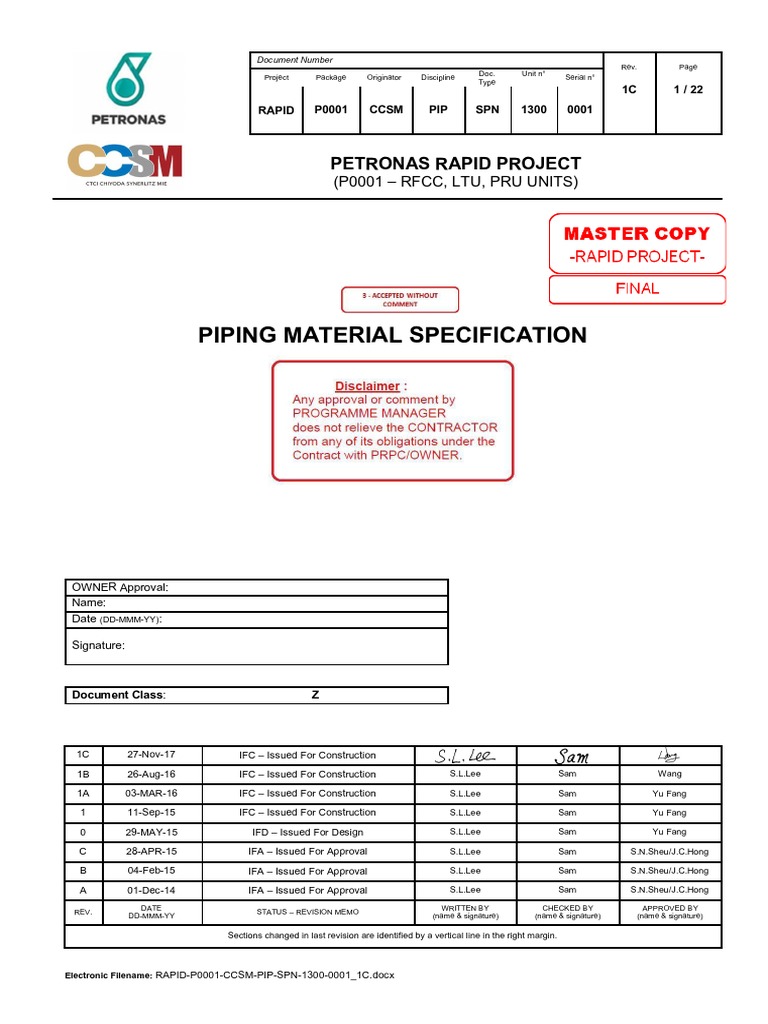 RAPID Project Piping Material Spec 1C | PDF | Pipe (Fluid Conveyance ...