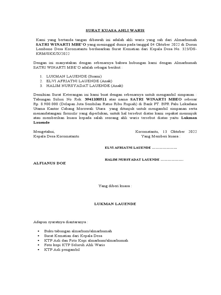 Surat Kuasa Ahli Waris (Bank) PDF