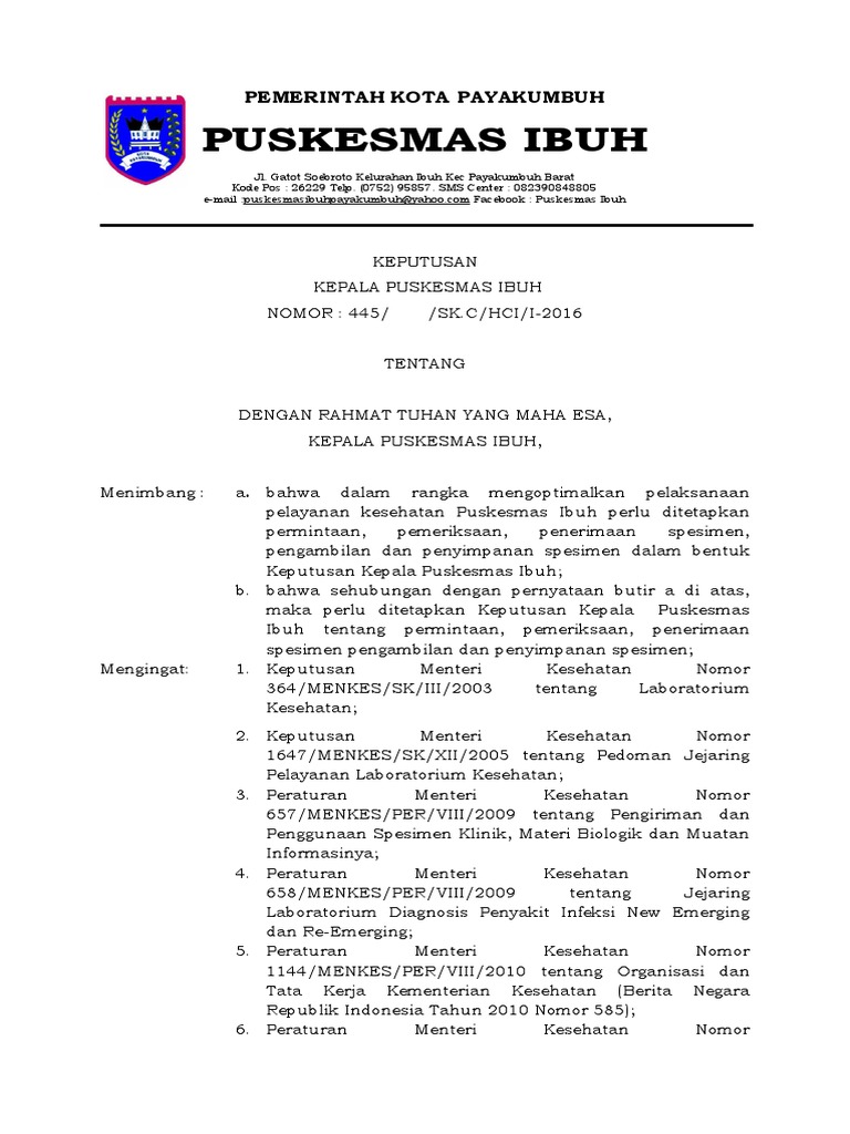 SK Permintaan Pemeriksaan Penerimaan Spesimen, Pengambilan Dan Penyimpanan Spesimen PDF