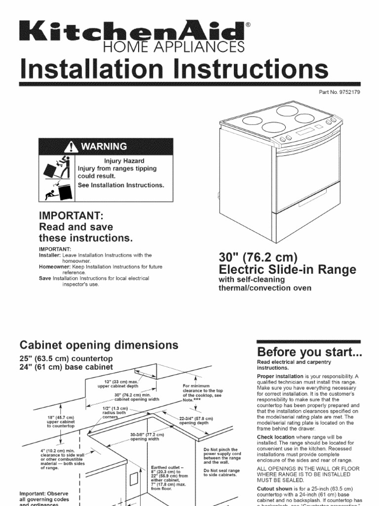 KitchenAid 30" Electric Slide in Range Install PDF Countertop Ac Power Plugs And Sockets