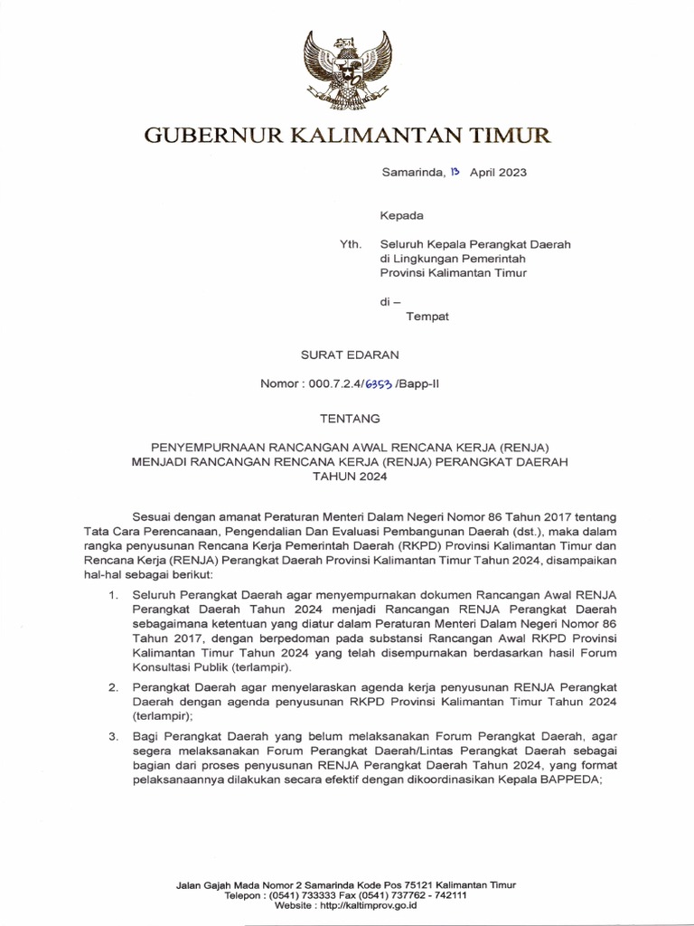 Surat Edaran Penyempurnaan Ranwal Renja PD Tahun 2024 | PDF