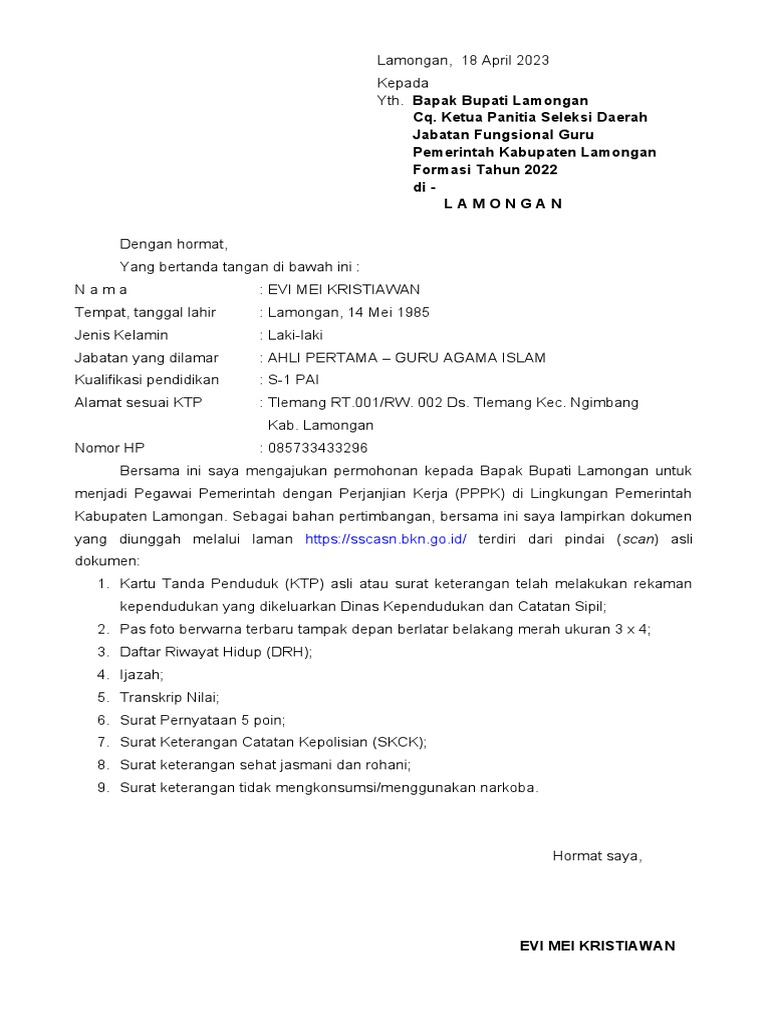 Contoh format surat lamaran pppk guru pdf