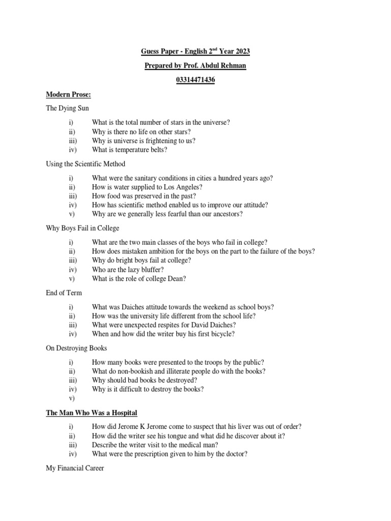 2nd Year English Guess Paper Pdf