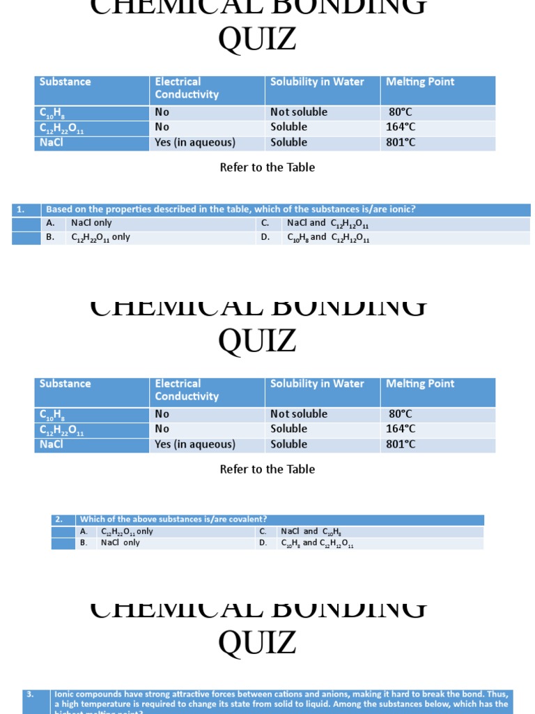 Chemical Bonding Quiz 10 Items PDF Chemical Bond Ion