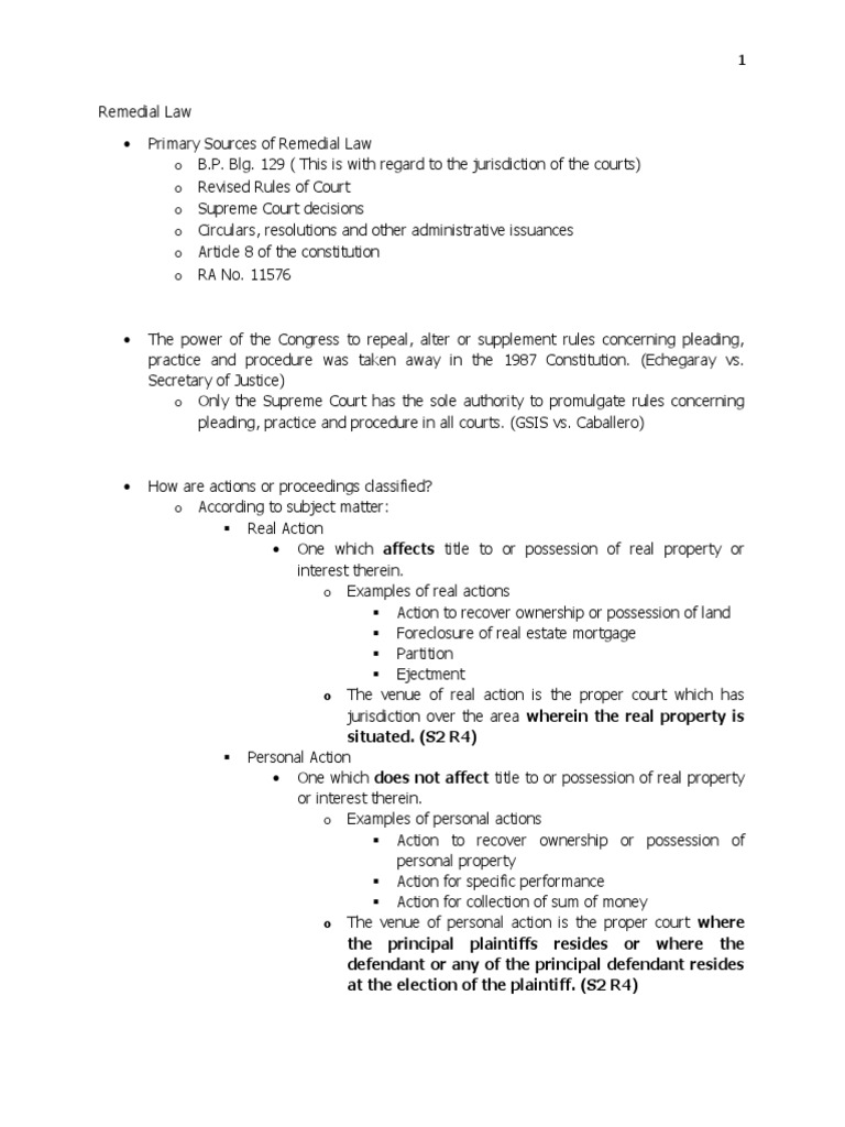 Remedial Law 1 1 PDF In Rem Jurisdiction Lawsuit