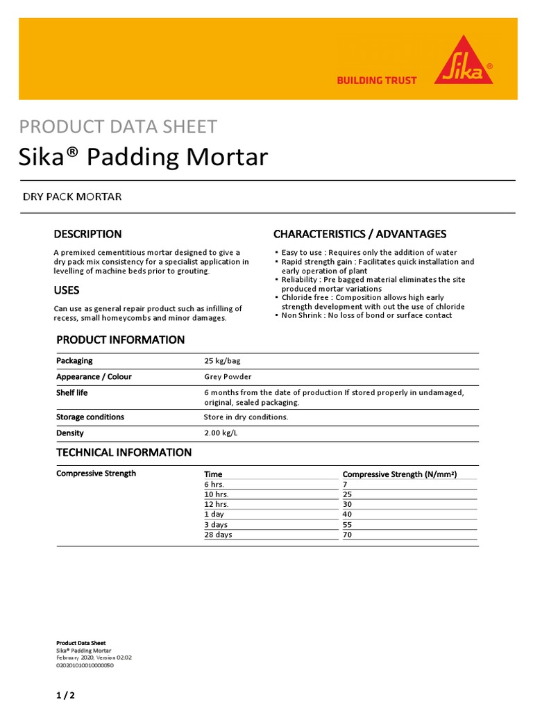Sika Padding Mortar | PDF | Concrete | Materials