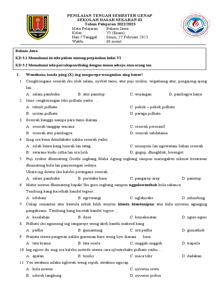 PTS Bahasa Jawa Kelas 6 Semester 2 | PDF