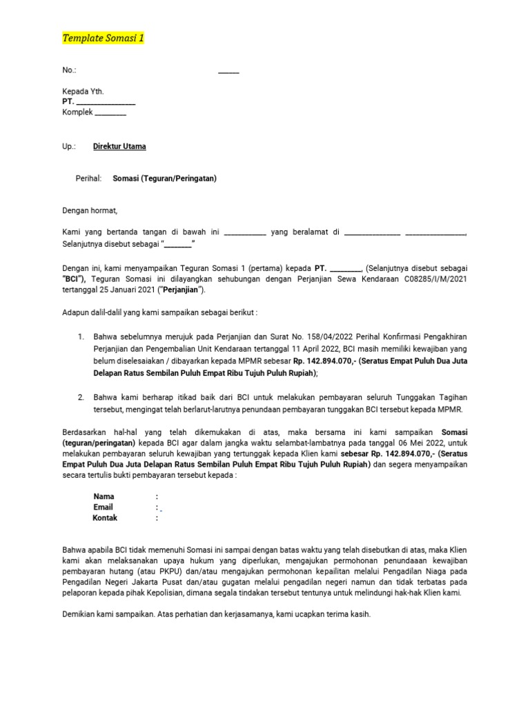 Contoh Template Surat Somasi 1 | PDF