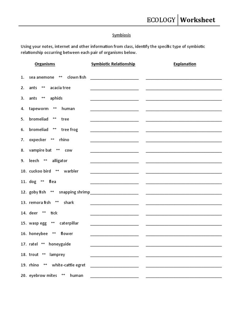 Symbiosis Worksheet PDF