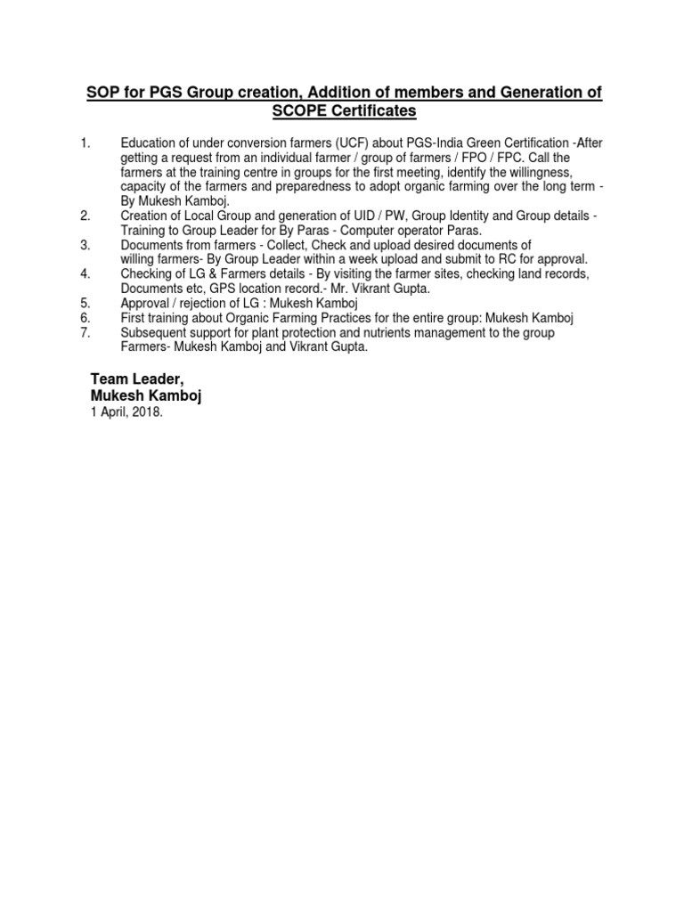 PGS Certification SOP for Farmers | PDF | Regulatory Compliance