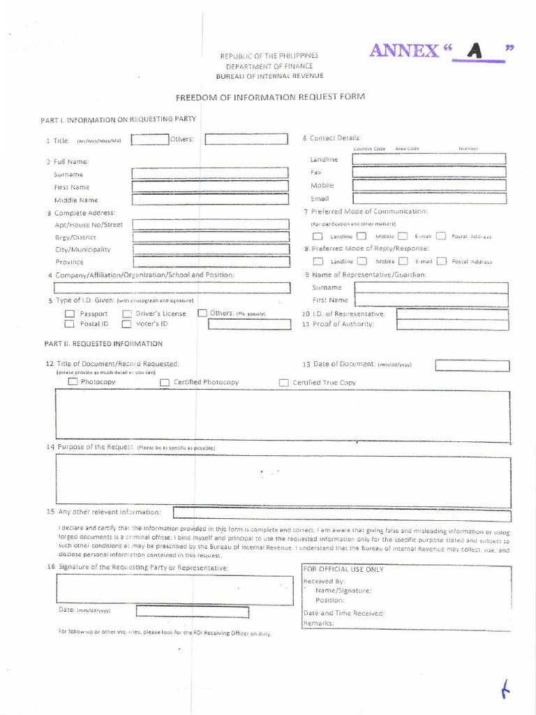 Revised Peoples FOI Manual of The BIR Annex A FOI Request Form PDF