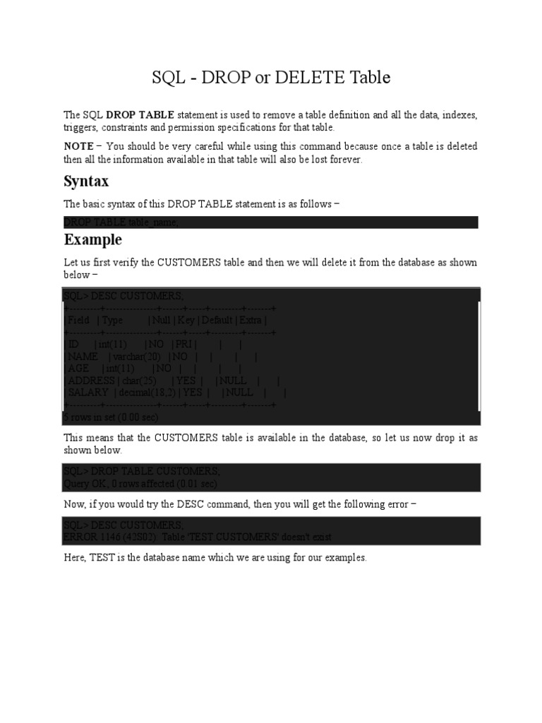 SQL - DROP or DELETE Table | PDF
