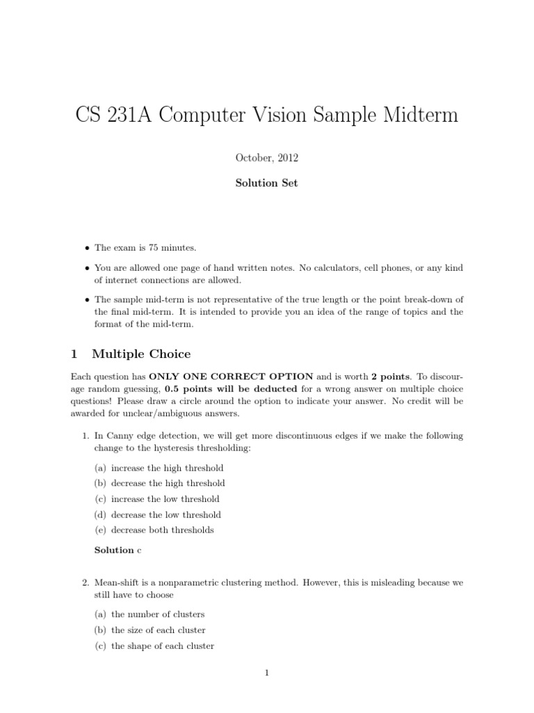 Computer Vision Sample Midterm Exam | PDF | Cluster Analysis | Algorithms