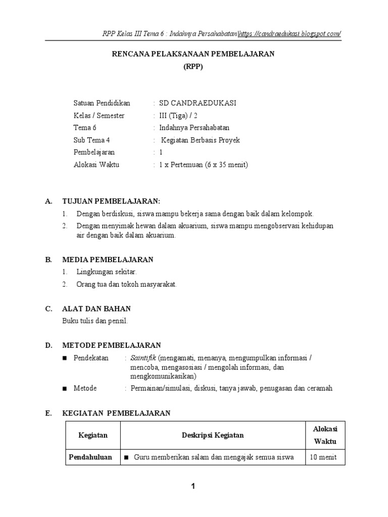 RPP Kelas 3 Tema 6 PB 1-6 Kegiatan Berbasis Proyek | PDF