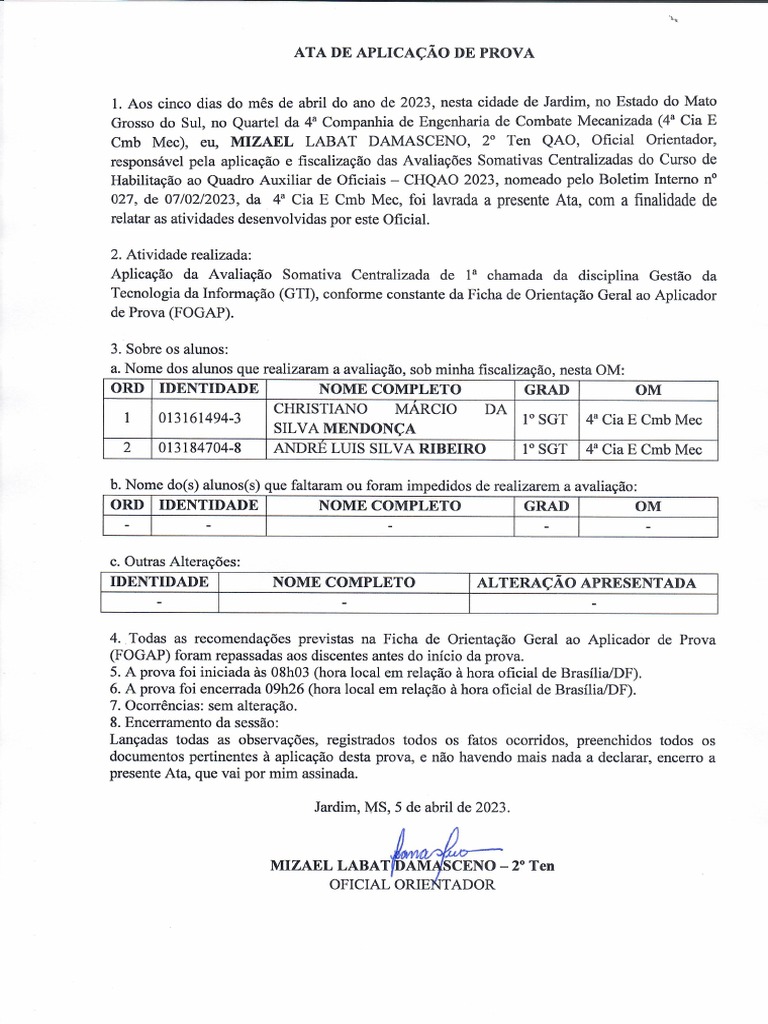Ata de Aplicação de Prova (GTI) - CHQAO 2023 | PDF