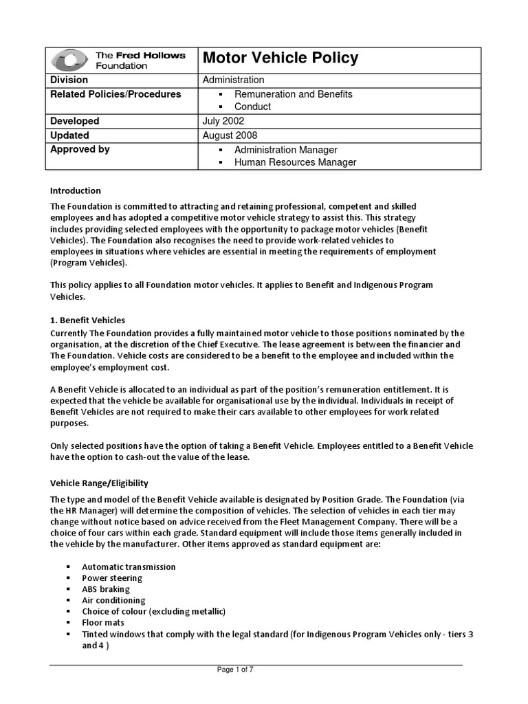 ORG041 Motor Vehicle Policy August 2008 PDF Employment Economies