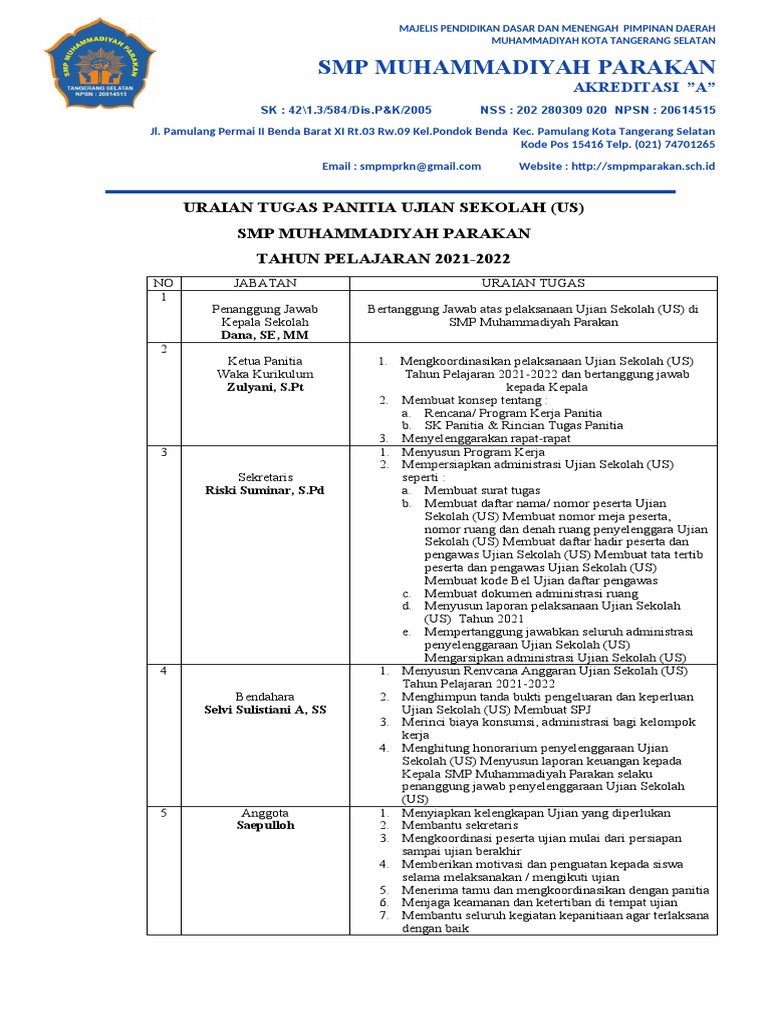 Uraian Tugas Panitia Ujian Sekolah | PDF
