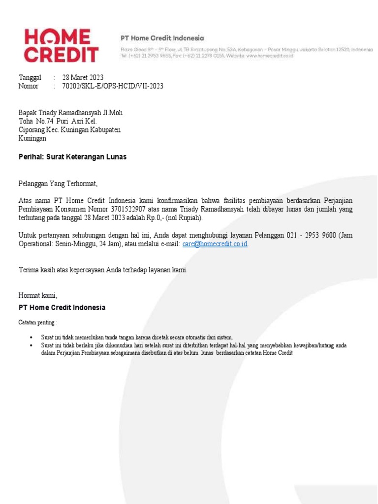 Surat Pelunasan Home Credit PDF