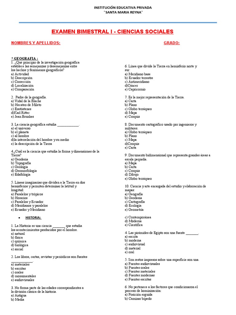 Examen Bimestral de Ciencias Sociales | PDF | Mapa | Tierra