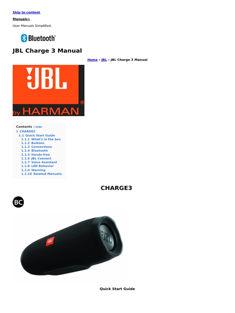 JBL Charge 3 Manual PDF Bluetooth Transmitter