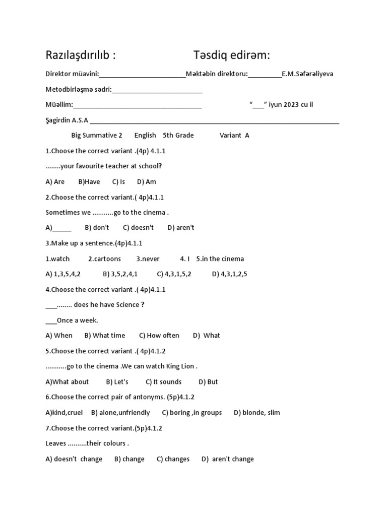 5th Grade BSQ 2 V-A | PDF | Syntax | Grammar
