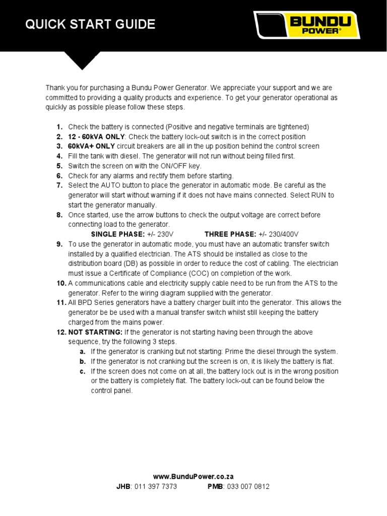 Bundu Power Generator Start Guide | PDF