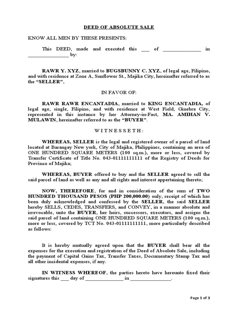 Aaa Deed of Absolute Sale PDF Government Taxes
