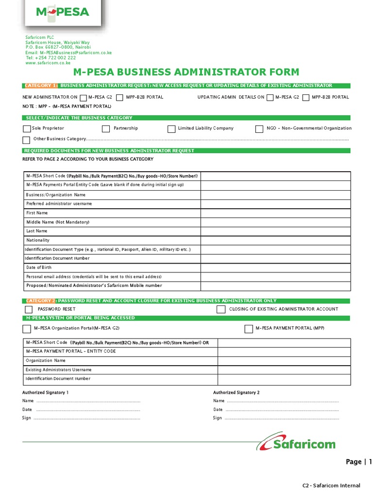 M-PESA Business Administrator Form | PDF | Identity Document | Business