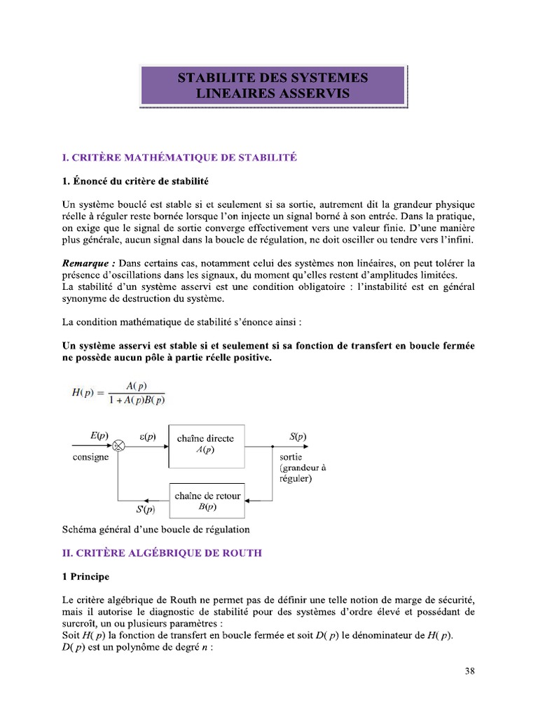 Stabilité Et Performance Des Systemes Asservis | PDF