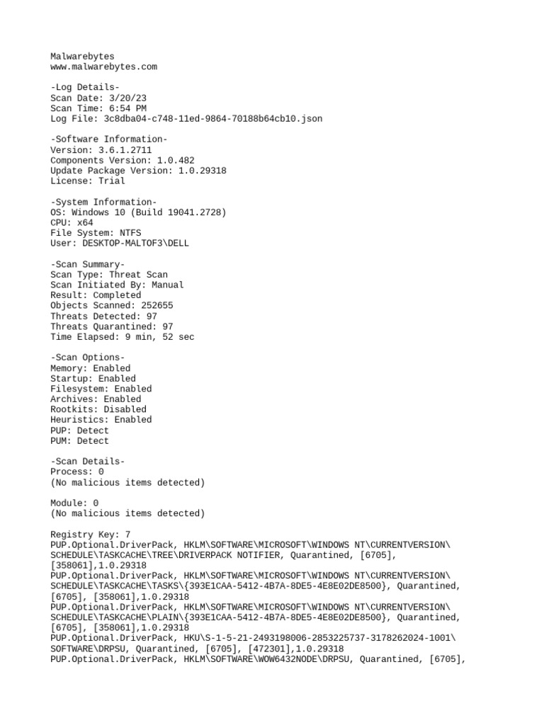 Malwarebytes Scan Report: 97 Threats Quarantined | PDF | Windows ...