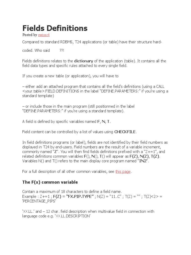 Fields Definitions | PDF | Parameter (Computer Programming) | Variable ...