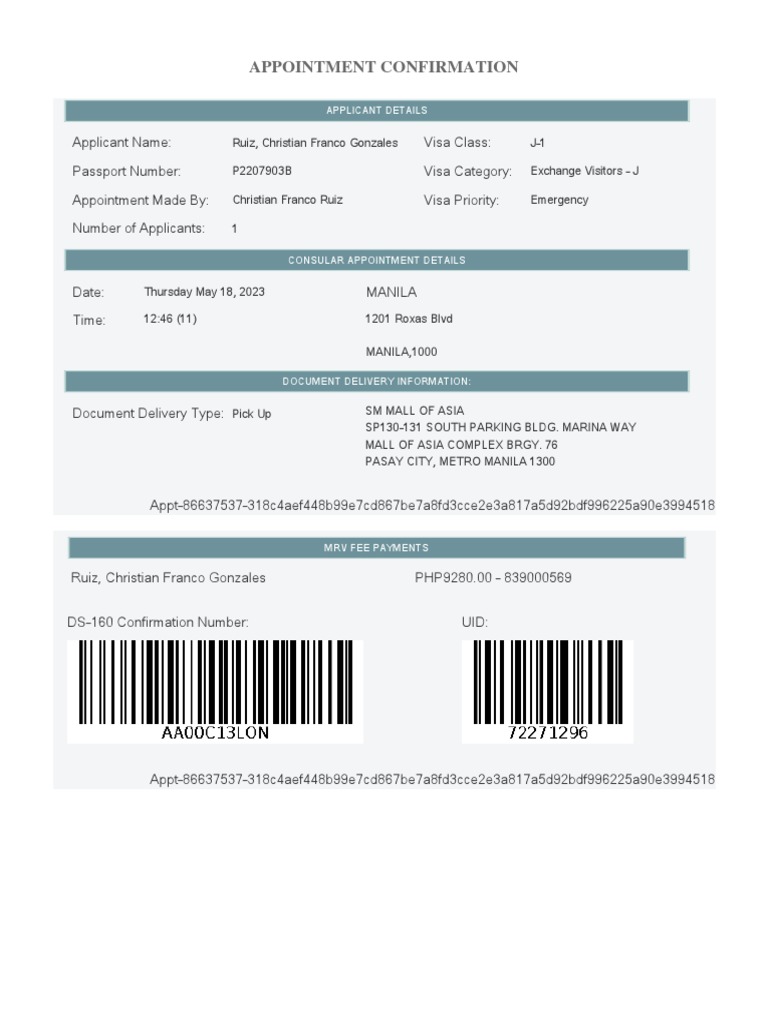 Appointment Confirmation | PDF | Travel Visa