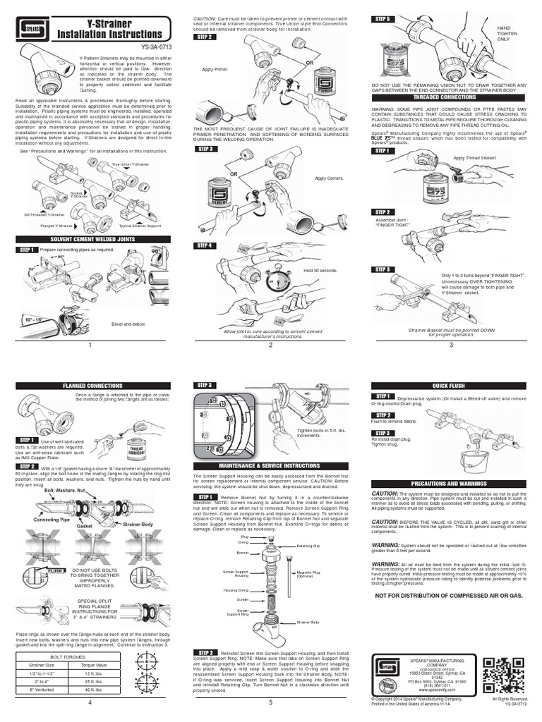Spears Y Strainer Installation Instructions PDF Pipe (Fluid