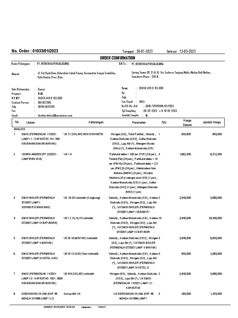 Order Confirmation No. Order 01033/01/2023 Tanggal 30012023