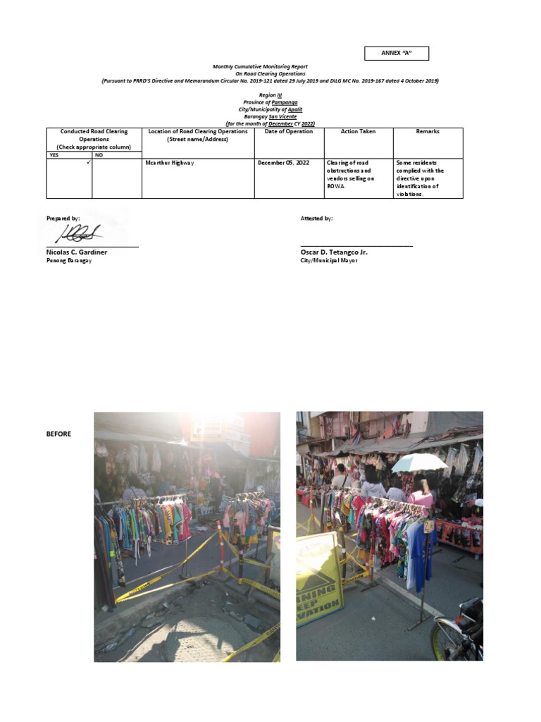 Barangay San Vicente - Road Clearing December 2022 | PDF