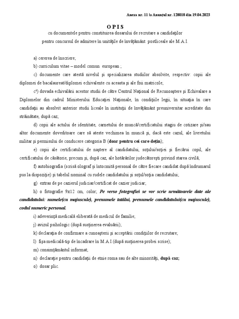 Anexa Nr. 11 - OPIS Documente Constituire Dosar | PDF
