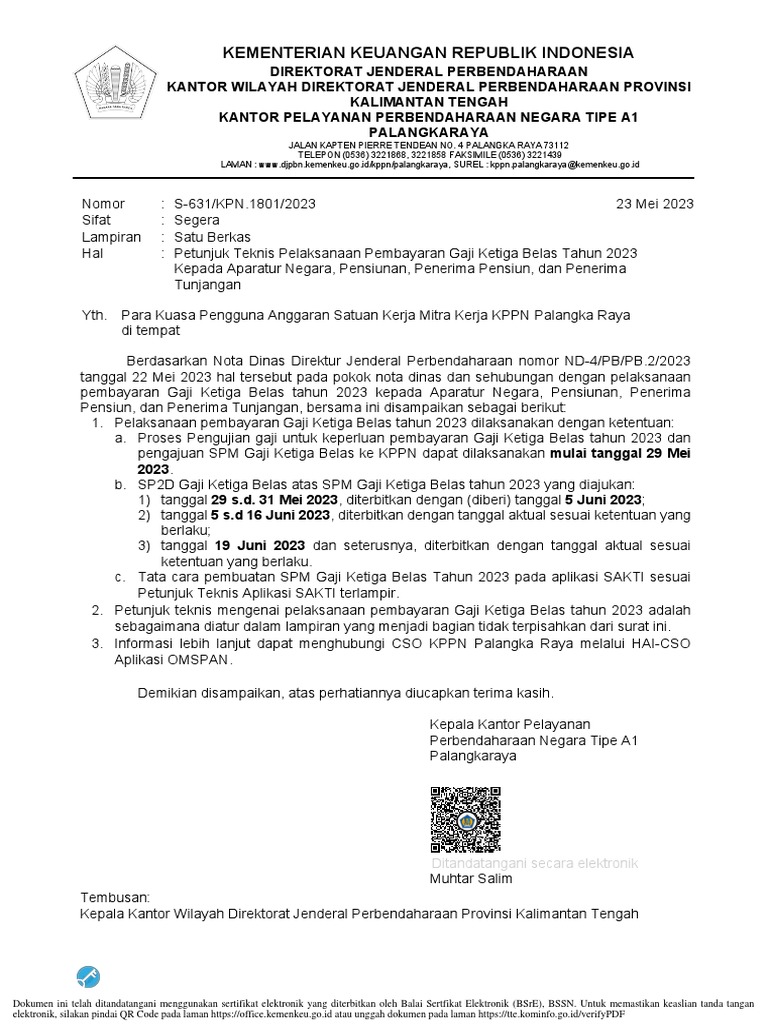 S 631 Petunjuk Teknis Pelaksanaan Pembayaran Gaji Ketiga Belas Tahun | PDF