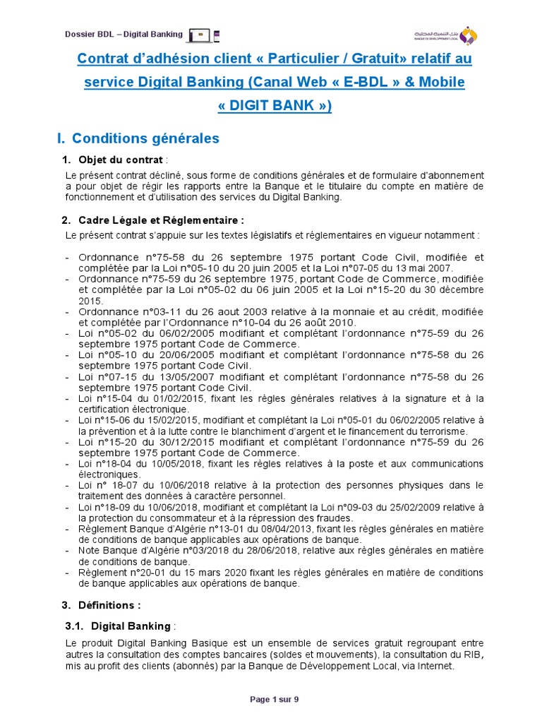 Contrat Digital Banking BDL | PDF | Banques | Virement bancaire