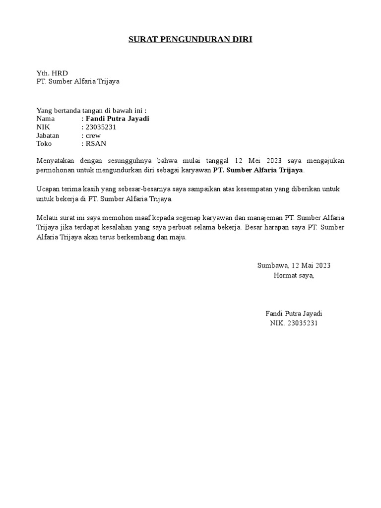 Surat Pengunduran Diri Alfamart | PDF