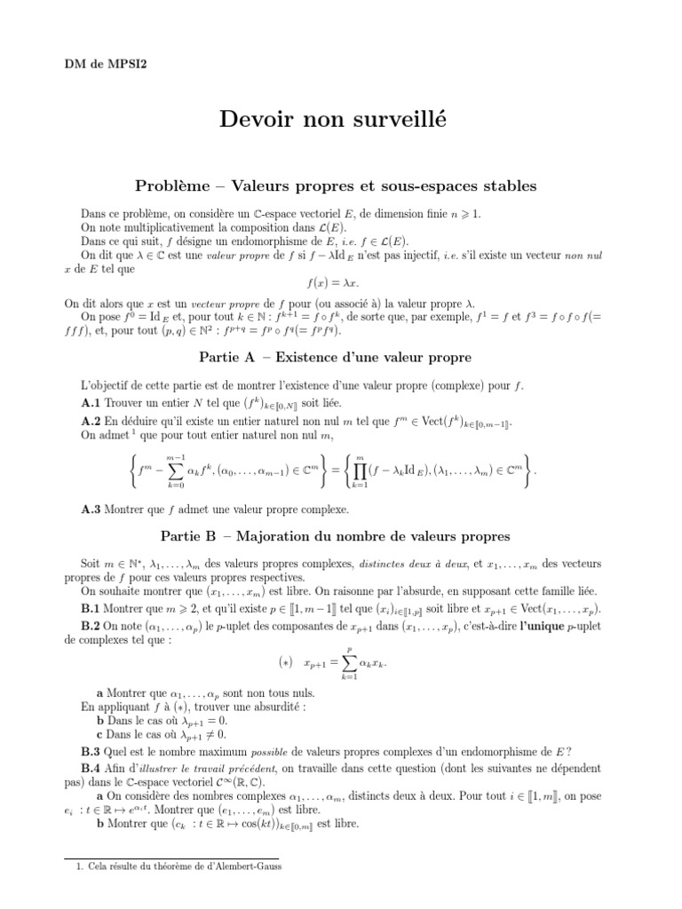 DM Valeurs Propres Et SousEspaces Stables PDF Valeur propre — free download