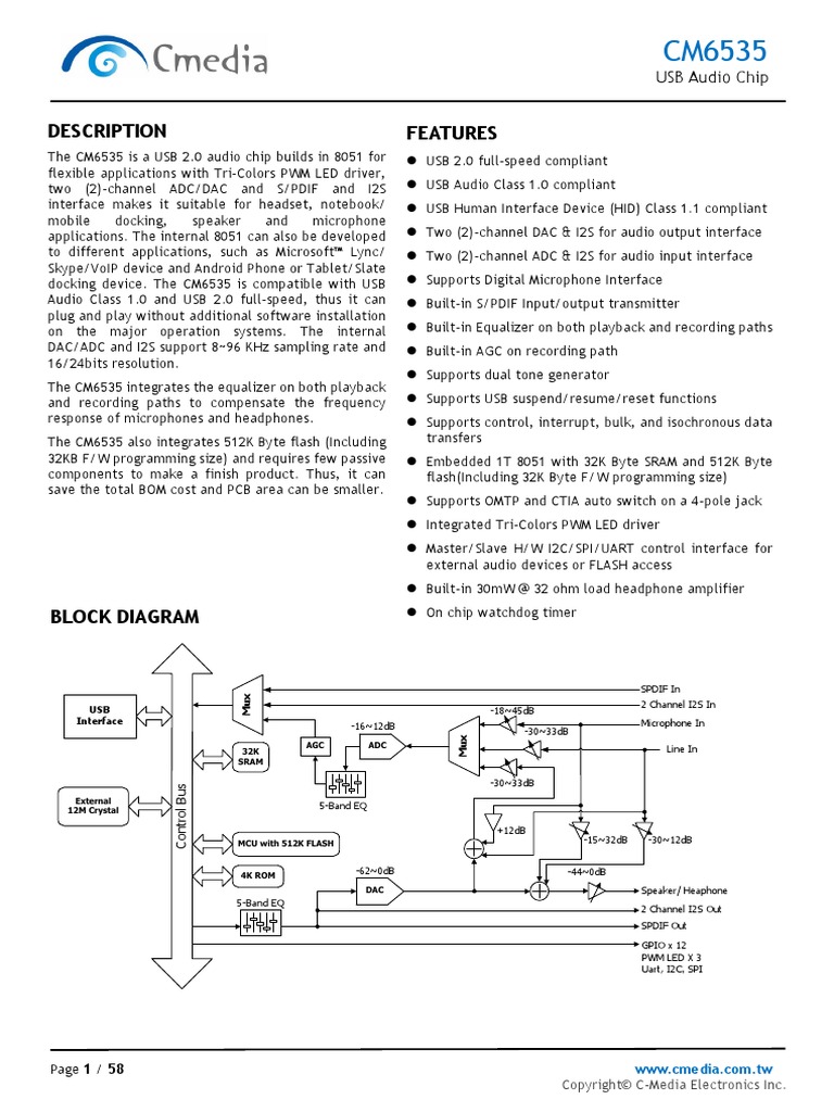 E02-0052 CM6535 Datasheet V1.2 | PDF | Usb | Analog To Digital Converter