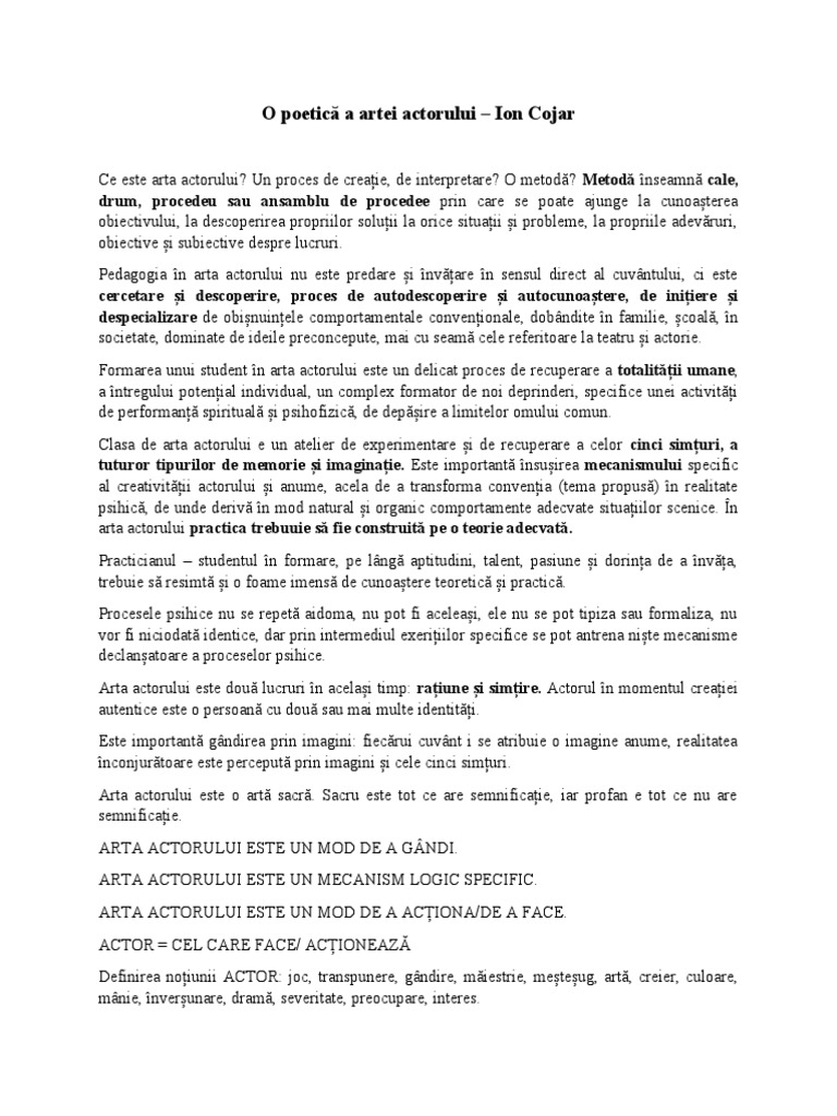 O Poetică A Artei Actorului - Ion Cojar | PDF