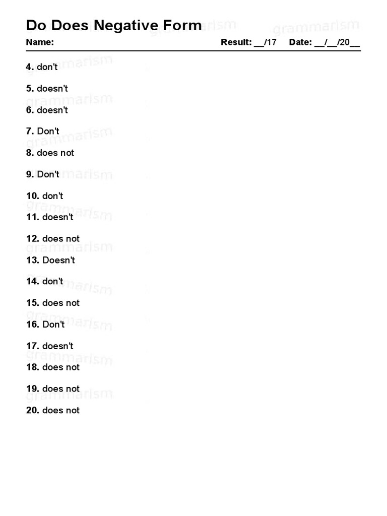 Grammarism Do Does Negative Test 1 Answers 2169928 | PDF