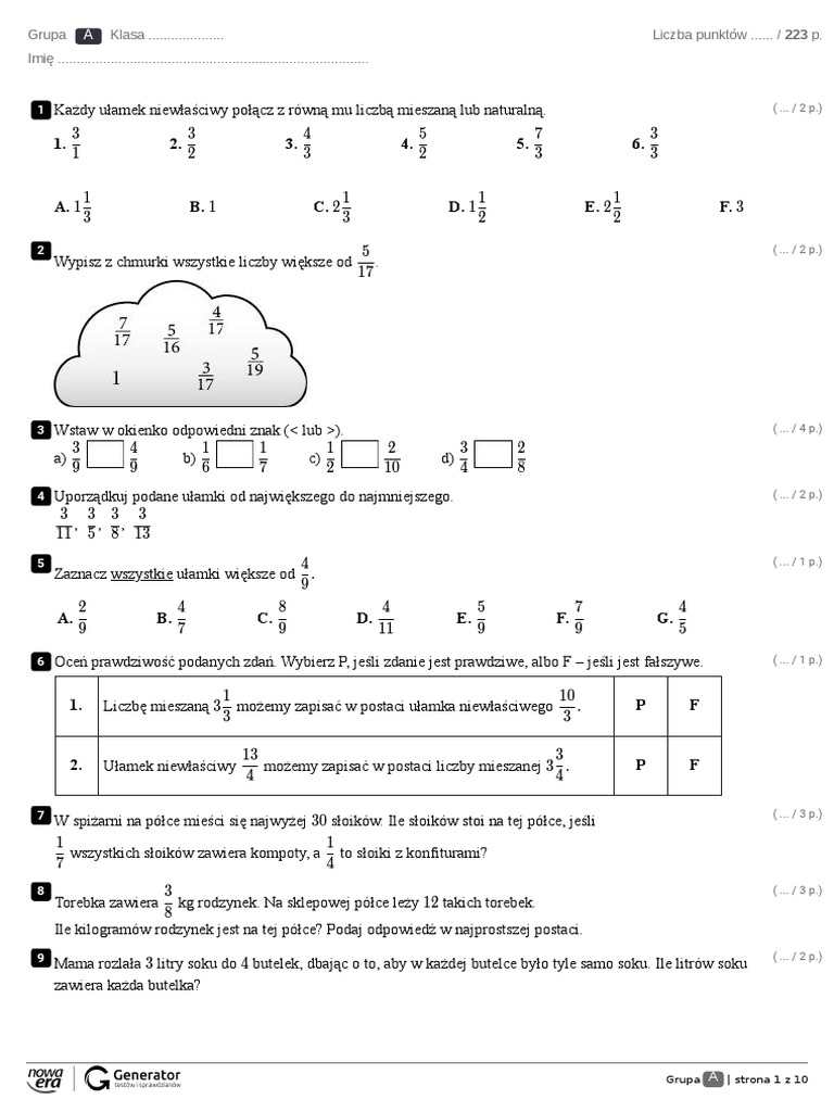 Ułamki Zwykłe Test (Z Widoczną Punktacją) PDF
