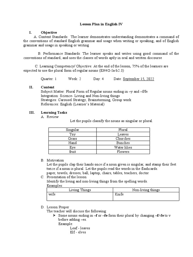Plural Nouns Lesson Plan for IV | PDF | Plural | English Language