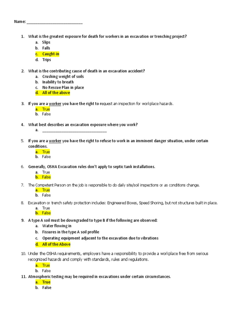 Excavation Trenching Pre Quiz Answer Key PDF