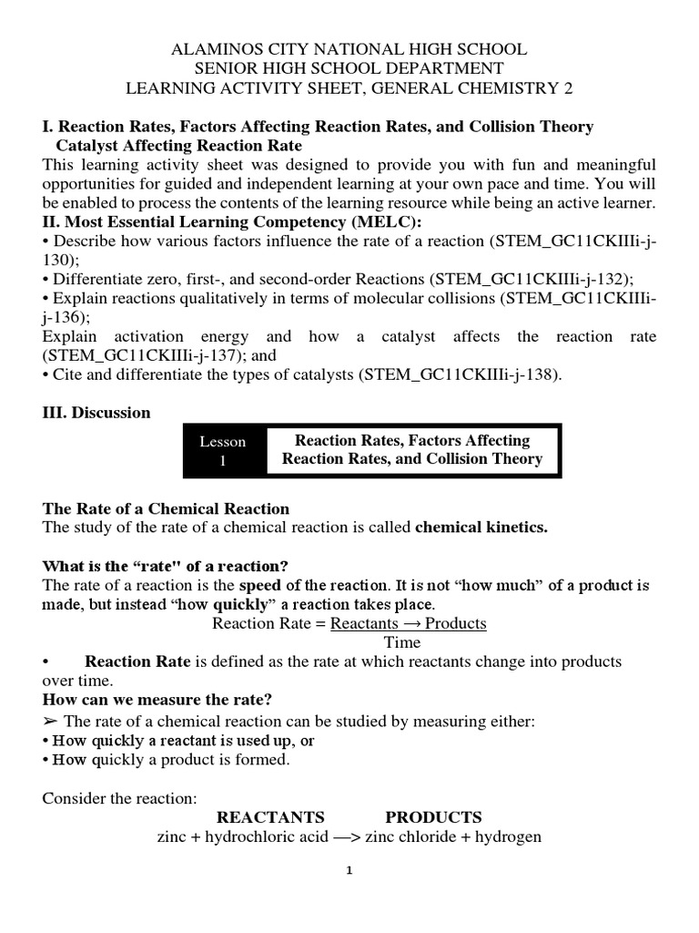 LAS General Chemistry 2 Reinforcement Activities (1) PDF Reaction