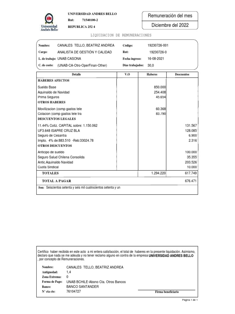Remuneración Del Mes: Liquidacion de Remuneraciones | PDF