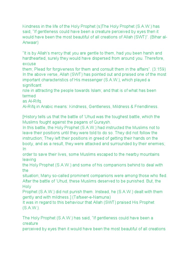 Kindness of The Holy Prophet PDF Prophets And Messengers In Islam