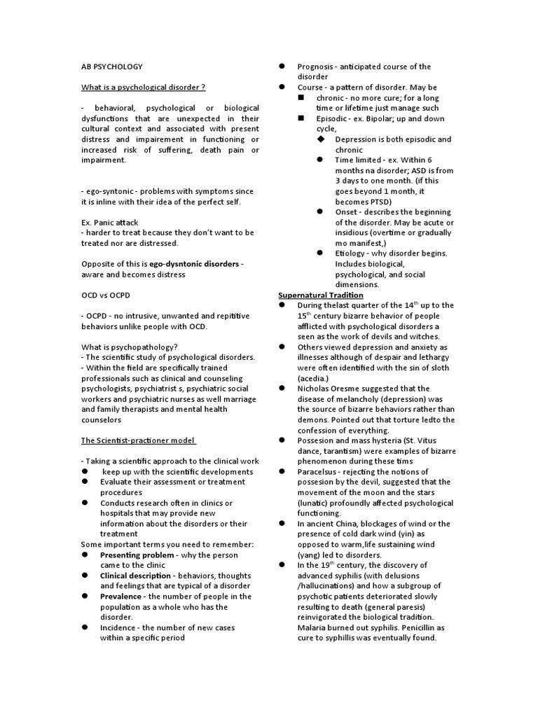 Working Notes AB PSYCHOLOGY PDF Mental Disorder Psychiatry